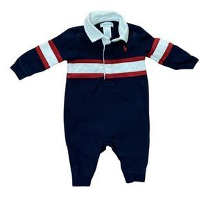 Ralph Lauren Navy Cotton Rugby Coverall Bodysuit Infant Size 3M Collared Preppy